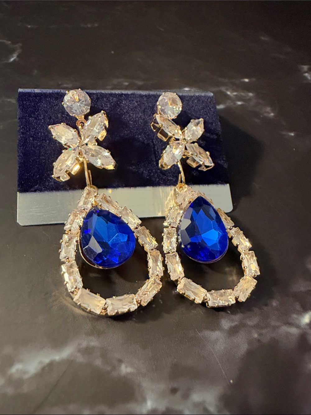 Gold Tone Blue Teardrop Crystal Statement Party Wedding Earrings - Picture 3 of 7